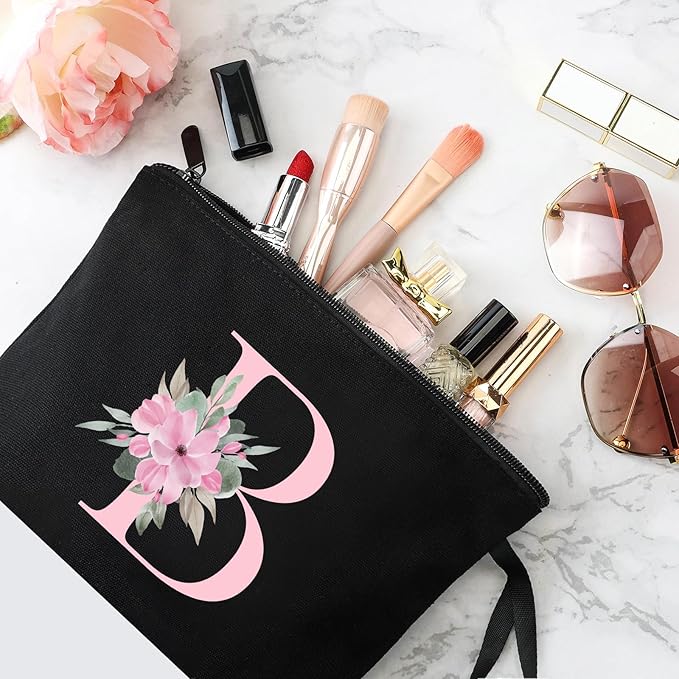 Vavabox A-Z Personalized Makeup Bag, Birthday Gifts for Women Mom, Gifts for Best Friend, Bride Bridesmaid Cosmetic bag (B, 02-Black)
