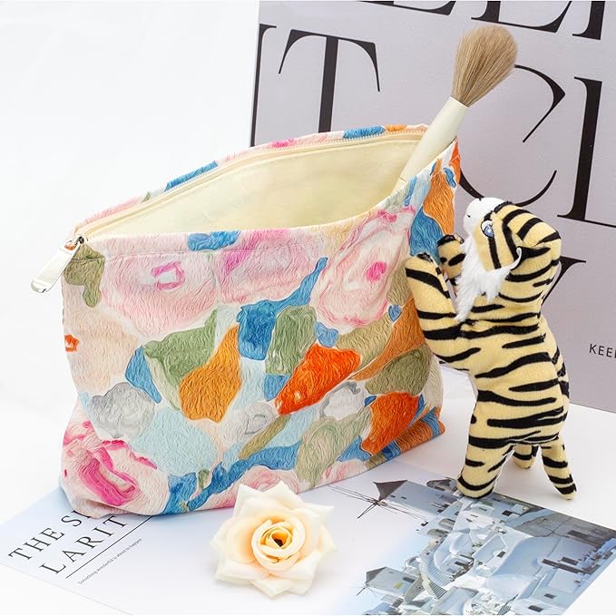 Flat Makeup Bag for Women,Zipper Cosmetic Pouch for Purse,Garden Orange