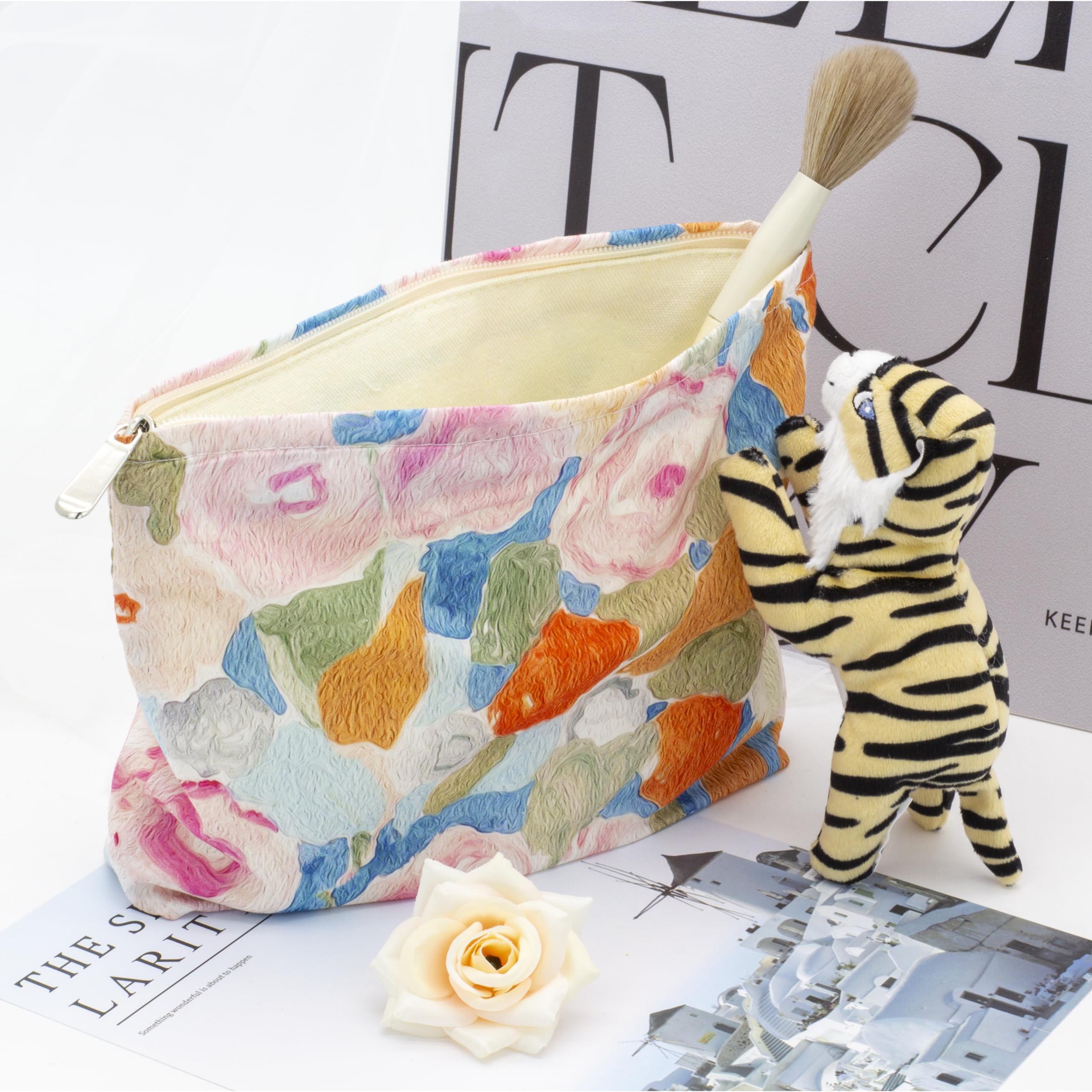 Flat Makeup Bag for Women,Zipper Cosmetic Pouch for Purse,Garden Orange