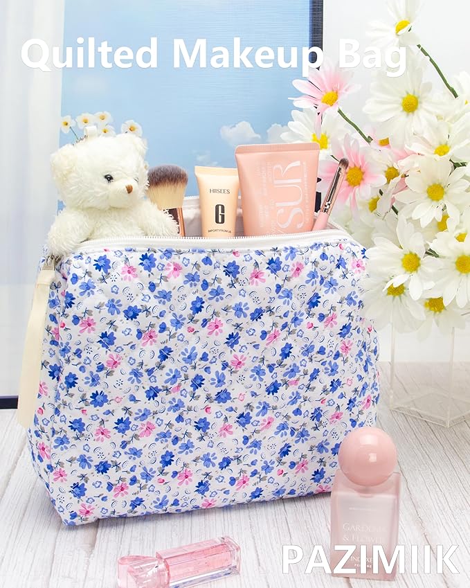 Quilted Makeup Pouch for Women, Travel Cosmetic&Toiletry Bag,Floral Blue