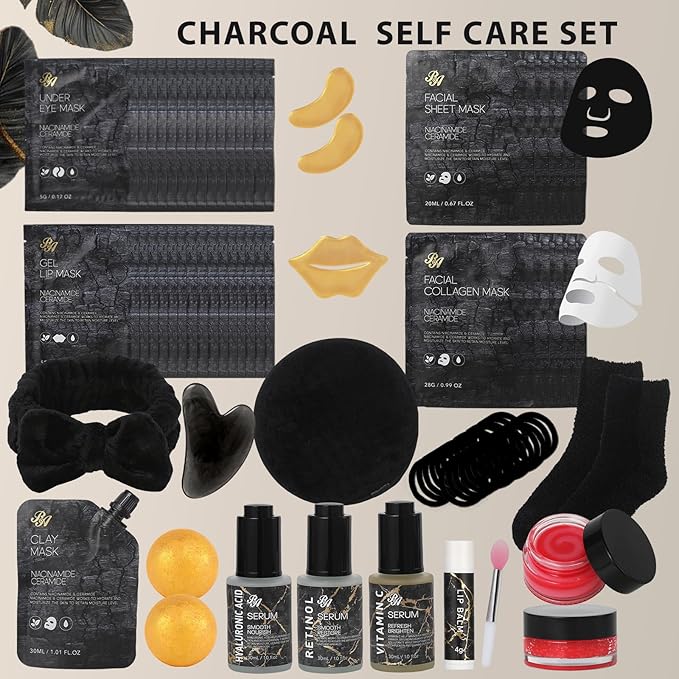 55 Pcs Mothers Day Gift for Mom, Charcoal Face Sheet Mask Pack for Women & Men, Hydrating Skin Care Set, Self Care Home Spa Basket Gift Set, Hyaluronic Acid Serum, Birthday, Christmas