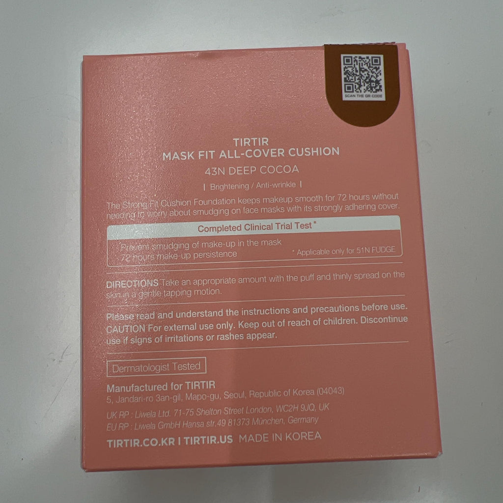 TIRTIR Mask Fit All Cover Pink Cushion Foundation | High coverage, Velvety Matte Finish, Lightweight, Flawless, Corrects Redness, Korean Cushion (#43N Deep Cocoa, Full Size, 0.63 Fl Oz)