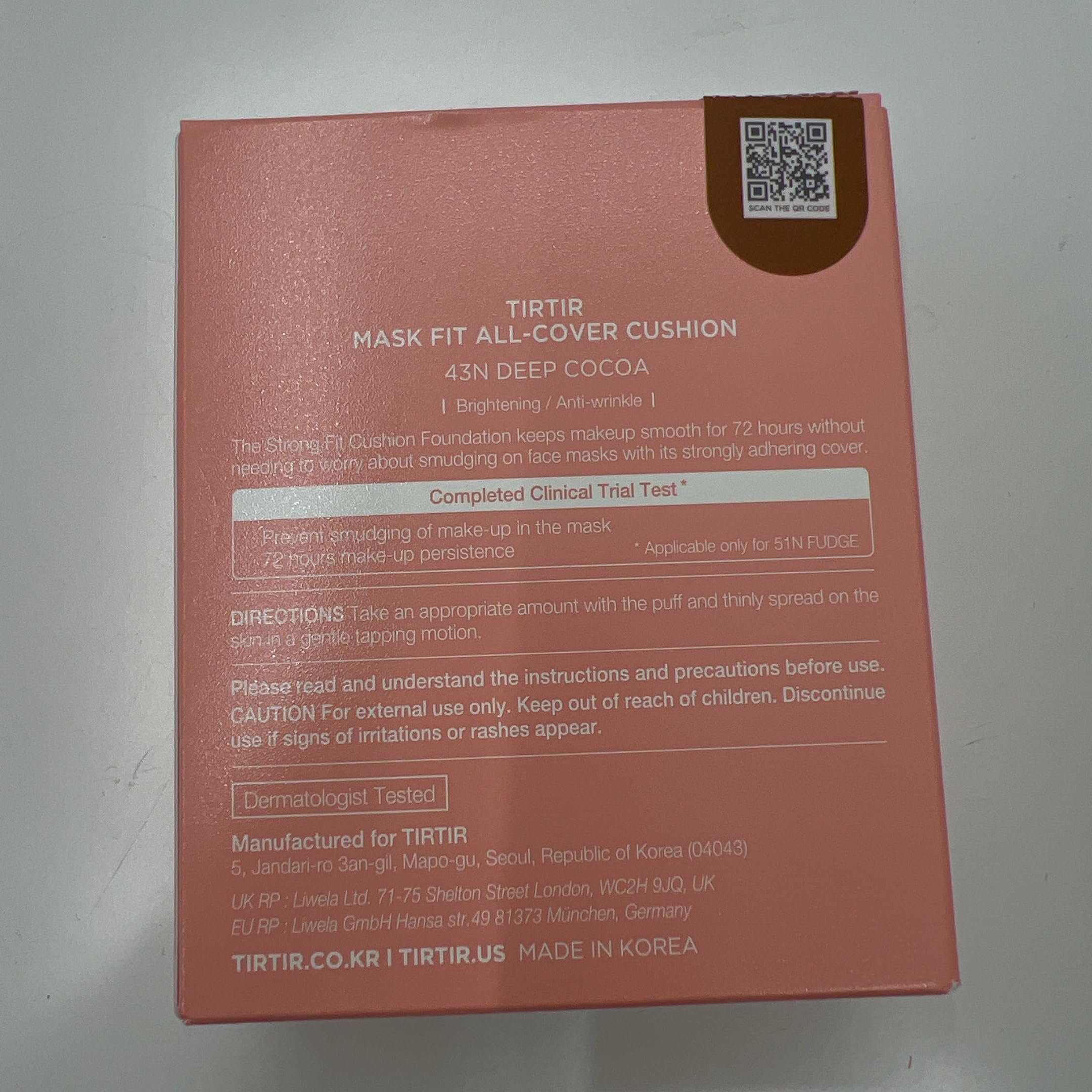 TIRTIR Mask Fit All Cover Pink Cushion Foundation | High coverage, Velvety Matte Finish, Lightweight, Flawless, Corrects Redness, Korean Cushion (#43N Deep Cocoa, Full Size, 0.63 Fl Oz)
