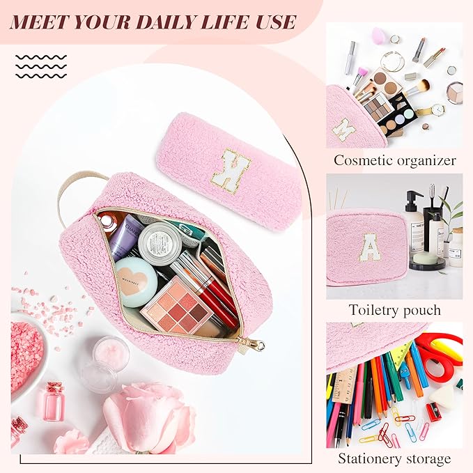 ibeacos 2PCS Makeup Bag with Initials, Valentines Day Gifts for Teen Girls Trendy Stuff, Personalized Cosmetic Travel Bag Pouch for Granddaughter, Cute Plush Make up Bags for Birthday - Pink A