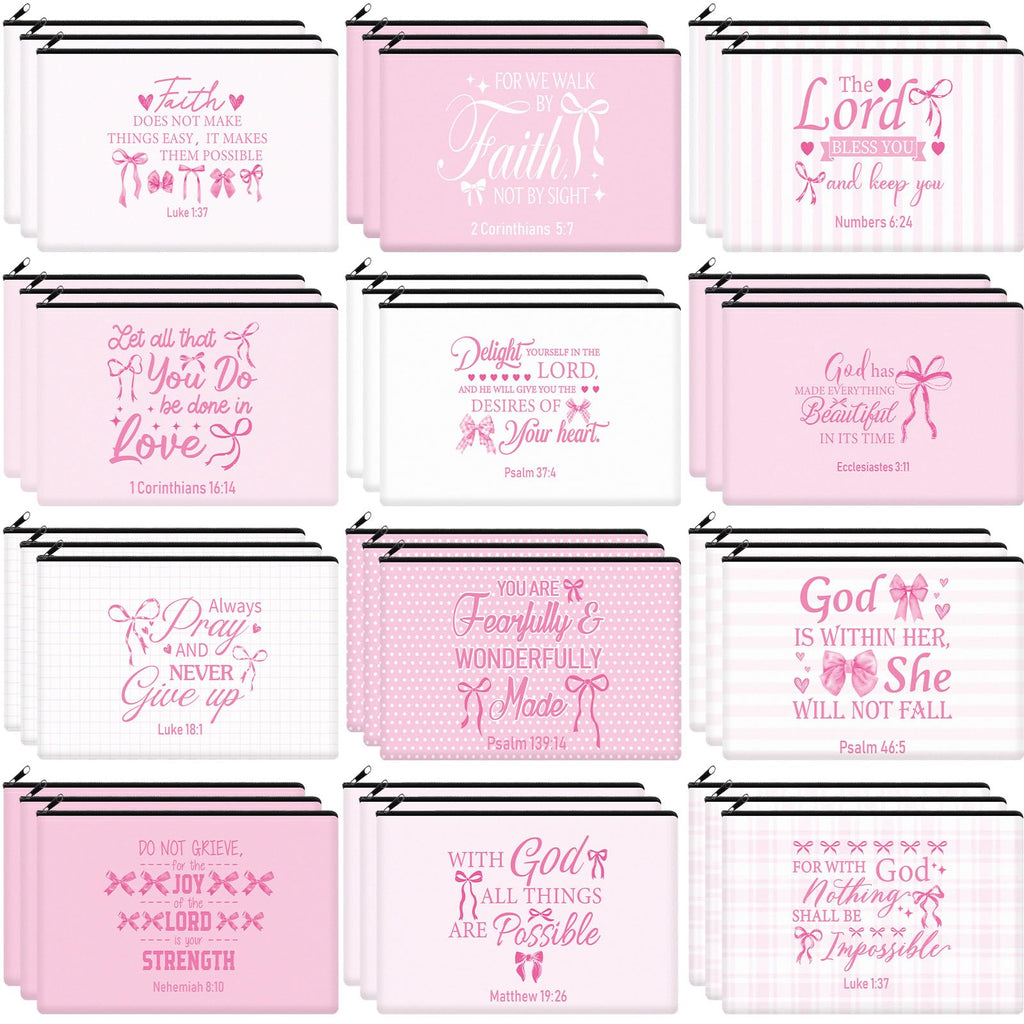 Hillban 36 Pcs Christian Gifts for Women Christian Pink Bow Makeup Bags Bible Verse Cosmetic Bag Inspirational Pencil Case with Zipper Coquette Bowknot Travel Organizer Pouch for Wedding Bachelorette