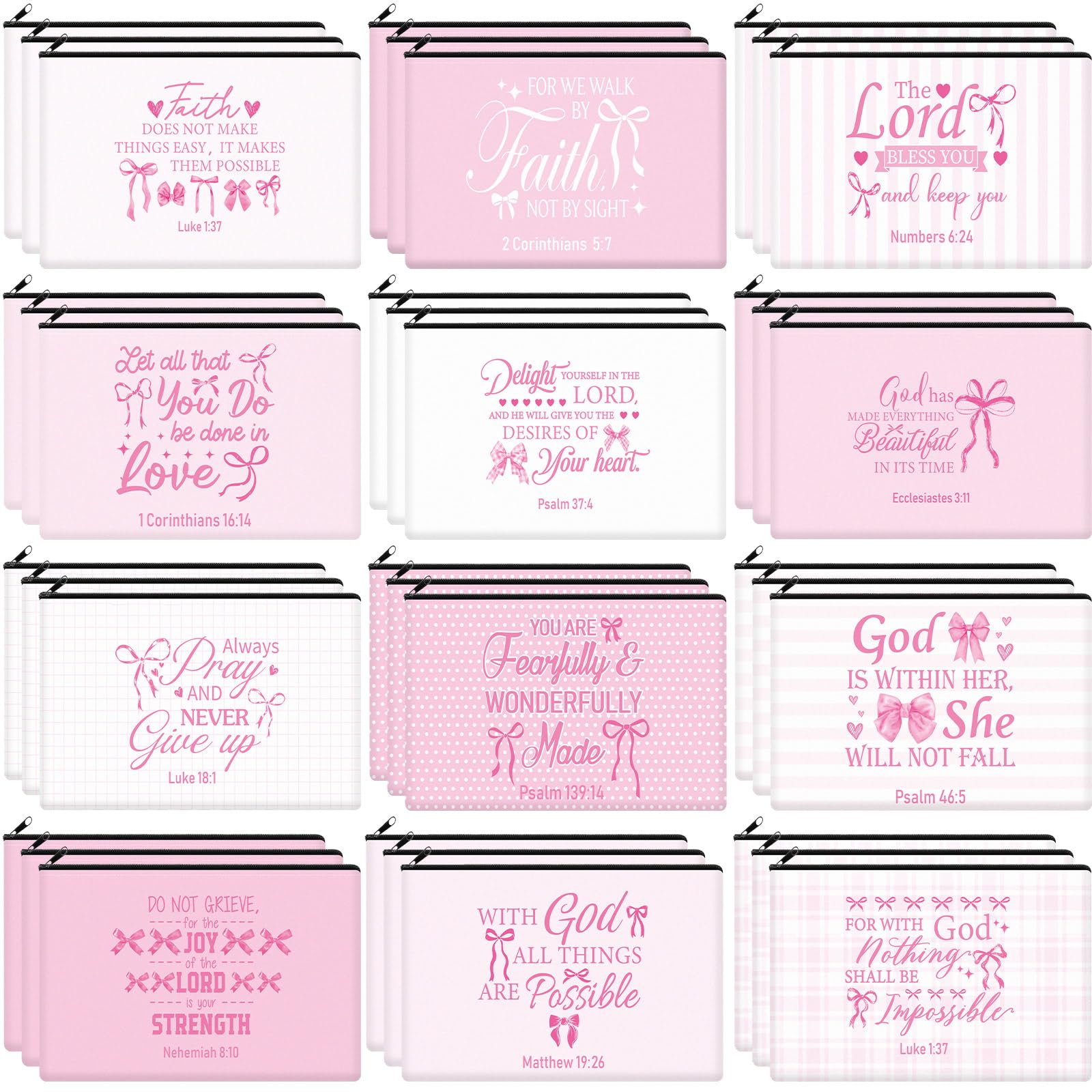Hillban 36 Pcs Christian Gifts for Women Christian Pink Bow Makeup Bags Bible Verse Cosmetic Bag Inspirational Pencil Case with Zipper Coquette Bowknot Travel Organizer Pouch for Wedding Bachelorette