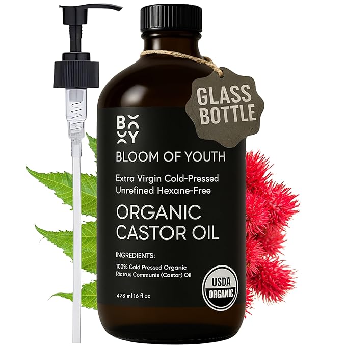 100% Pure Cold Pressed Organic Castor Oil, Glass Bottle 16oz | Hexane Free, Unrefined, USDA Certified | For Hair, Skincare, Castor Oil Pack, Face, Joints, Carrier Oil, Eyelashes, Eyebrows