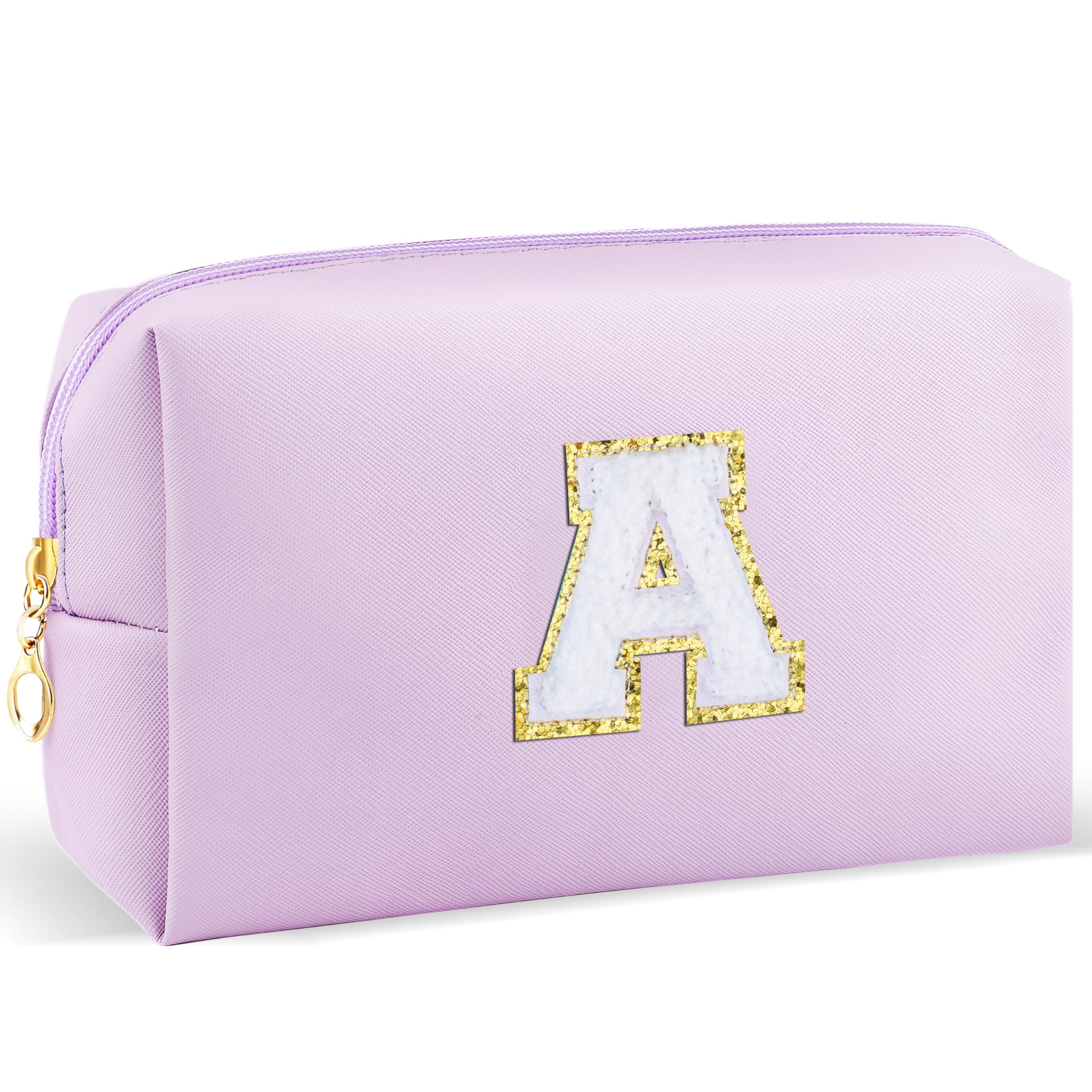 URSKYTOUS Gifts for Girls Initial Makeup Bag Personalized Cosmetic Bag with Zipper Cute Travel Toiletry Bag Waterproof PU Preppy Makeup Pouch Birthday Gift for Teen Girls Women(Purple A)