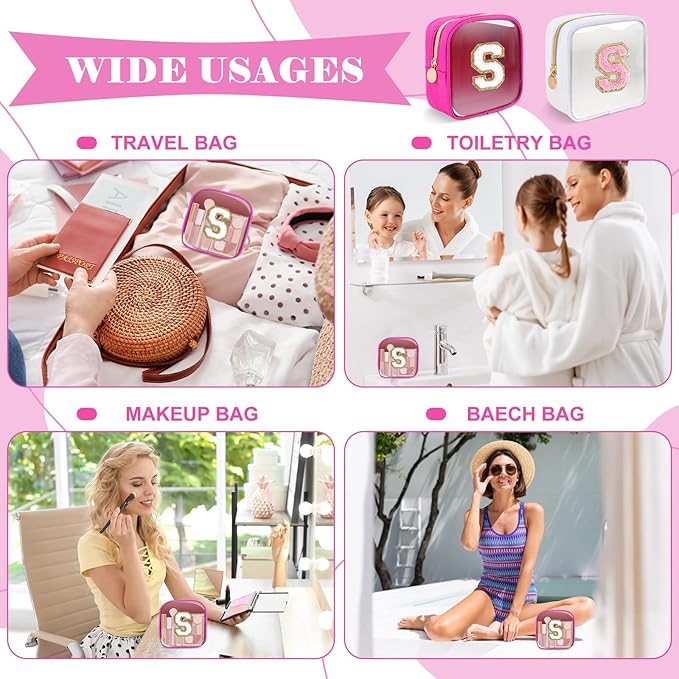Personalized Initial Letter Clear Preppy Makeup Bag,Mini Nylon Chenille Letter Cosmetic Bag Cute Zipper Pouch Coin Purse for Teen Girls,Portable TSA Approved Travel Essentials Bag Gift for Women,S