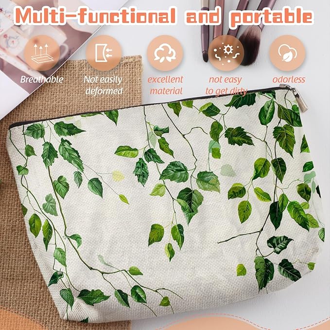 Scribesense Makeup Bag Travel Cosmetic Bags Small Makeup Case Waterproof Zipper Pouch for Women Girls 7X9inches - Green Ivy Leaves Cascading on White