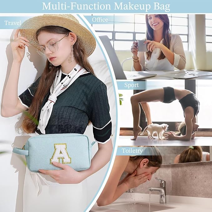 YOOLIFE Birthday Gifts for 6 7 8 9 10 11 12 13 14 15 Year Old Teen Girl - Initial Makeup Bag Letter Toiletry Pouch Cosmetic Case, Personalized Teen Girl Gifts Trendy Stuff Party Favor, Light Blue E