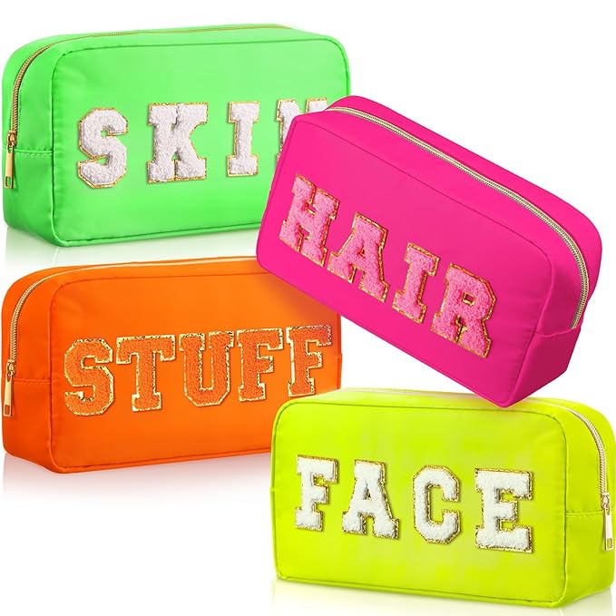 Remerry 4 Pcs Nylon Makeup Bags Waterproof Spacious Travel Cosmetic Bag for Women Chenille Letter Preppy Zipper Pouch Face Stuff Skin Hair Organizer Gift(Fluorescent Colors)