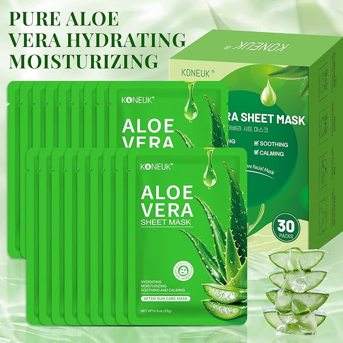 30 Pack Aloe Vera Hydrating Face Masks Skincare, Moisturizing & Soothing