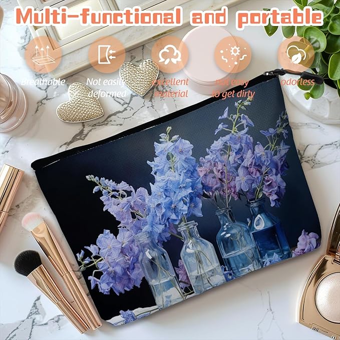 Scribesense Cosmetic Bags Travel Makeup Toilet Case Waterproof Pouch for Women Girls 6.7X9.45inches - Still - Life of Blue - Purple Flowers in Glass Bottles