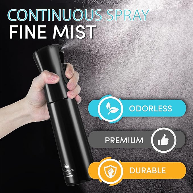 Hula Home Spray Bottle for Hair (10.1oz/300ml) - Continuous Ultra Fine Mist Sprayer – For Hairstyling, Cleaning, Salons, Plants, Essential Oil & More - Black