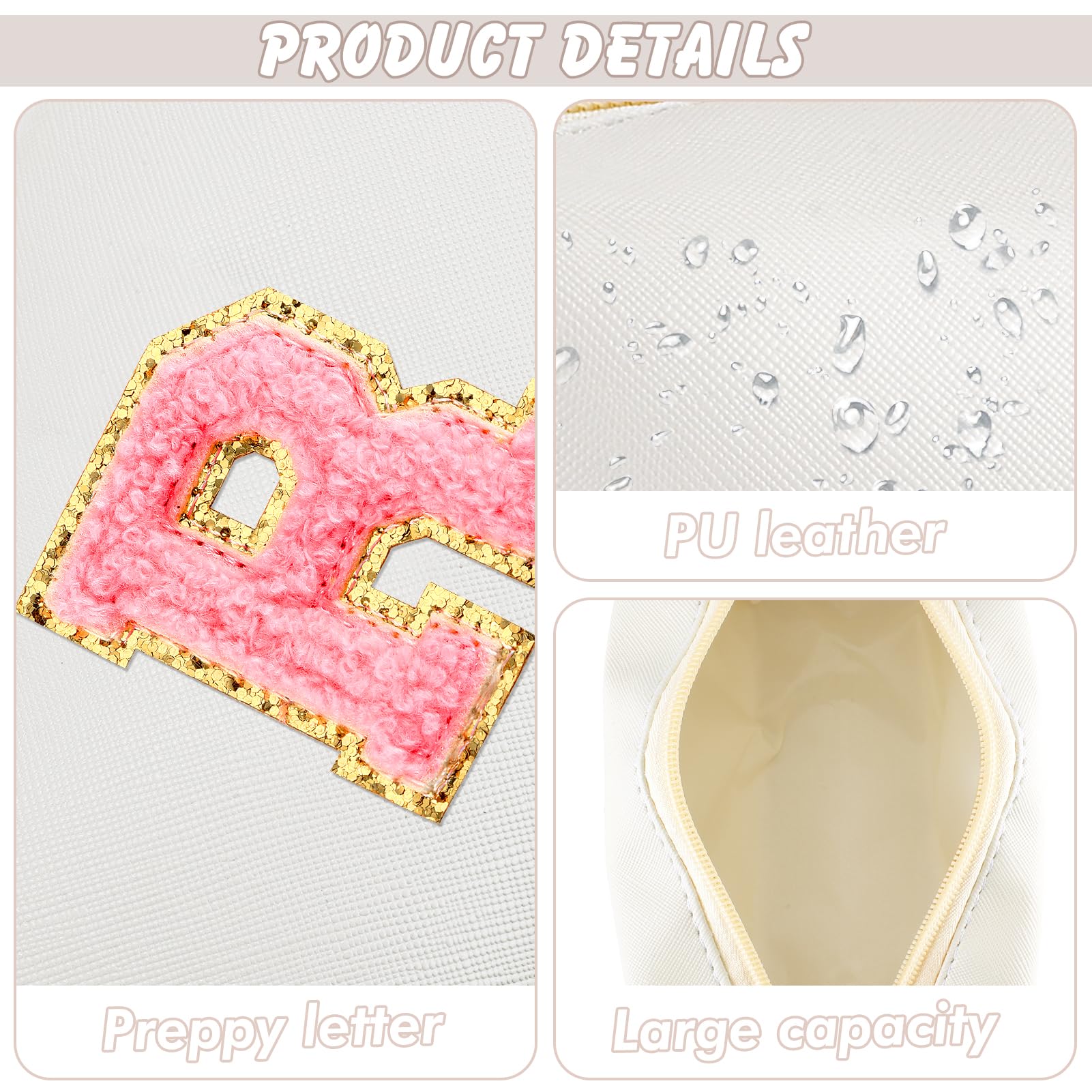 URSKYTOUS Initial Makeup Bag Personalized Preppy Travel Small Cosmetic Bag Cute PU White Chenille Letter Makeup Pouch for Purse Waterproof Zippered Toiletry Organizer for Women Girls Kids Friends (R)