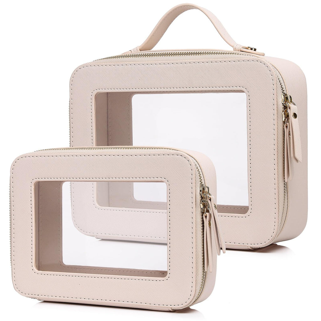 Pinkmik Clear Makeup Bag for Women Waterproof Travel Cosmetics and Toiletries Case Portable Makeup Oaganizer Bag Clear Car Bag with Zipper (Beige, M+L)
