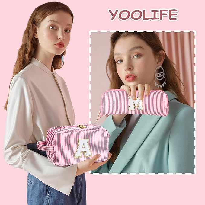 YOOLIFE Makeup Bag - Personalized Monogram Cosmetic Bag for Teen Girls, Purple Cute Travel Pouch
