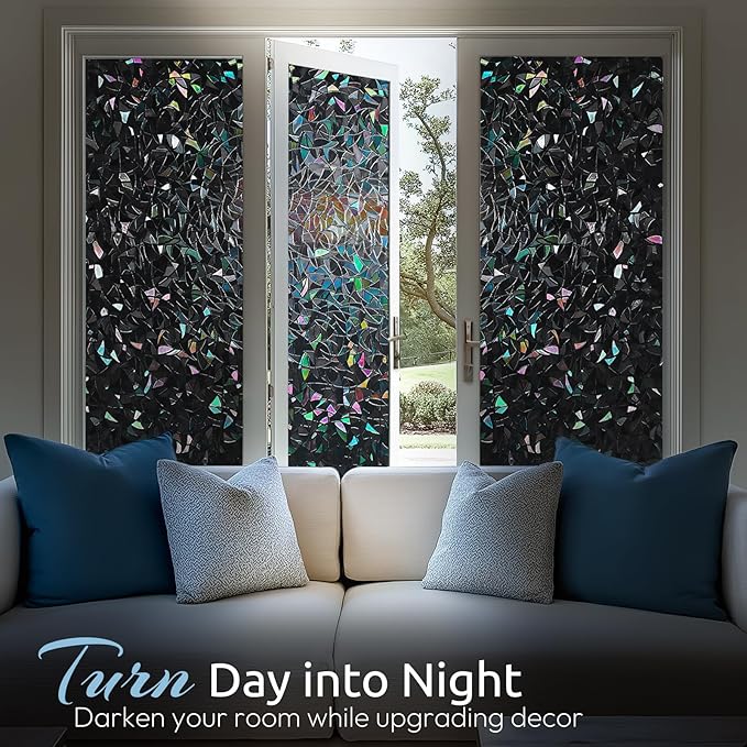 rabbitgoo Window Privacy Film Rainbow Film Decorative Window Sticker, 3D Static Stained Glass Cling Tint for Room Darkening Day Sleep, Black, 23.6 x 157.4 inches