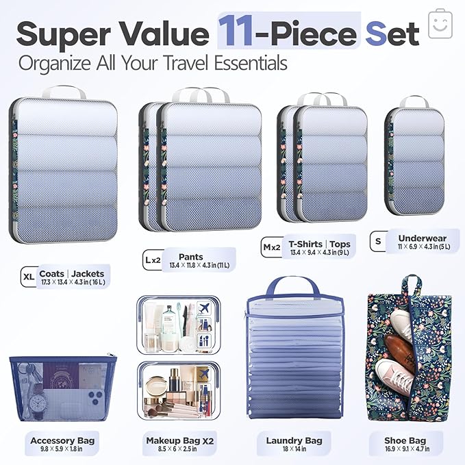 Veken 11 Set Compression Seting Cubes Garment Bags for Travel Essentials,Compressible Expandable Luggage Organizer Bags for Clothing,Space Saver Bags with Over 99 pcs of Mesh Holes(Dark Blue Floral)