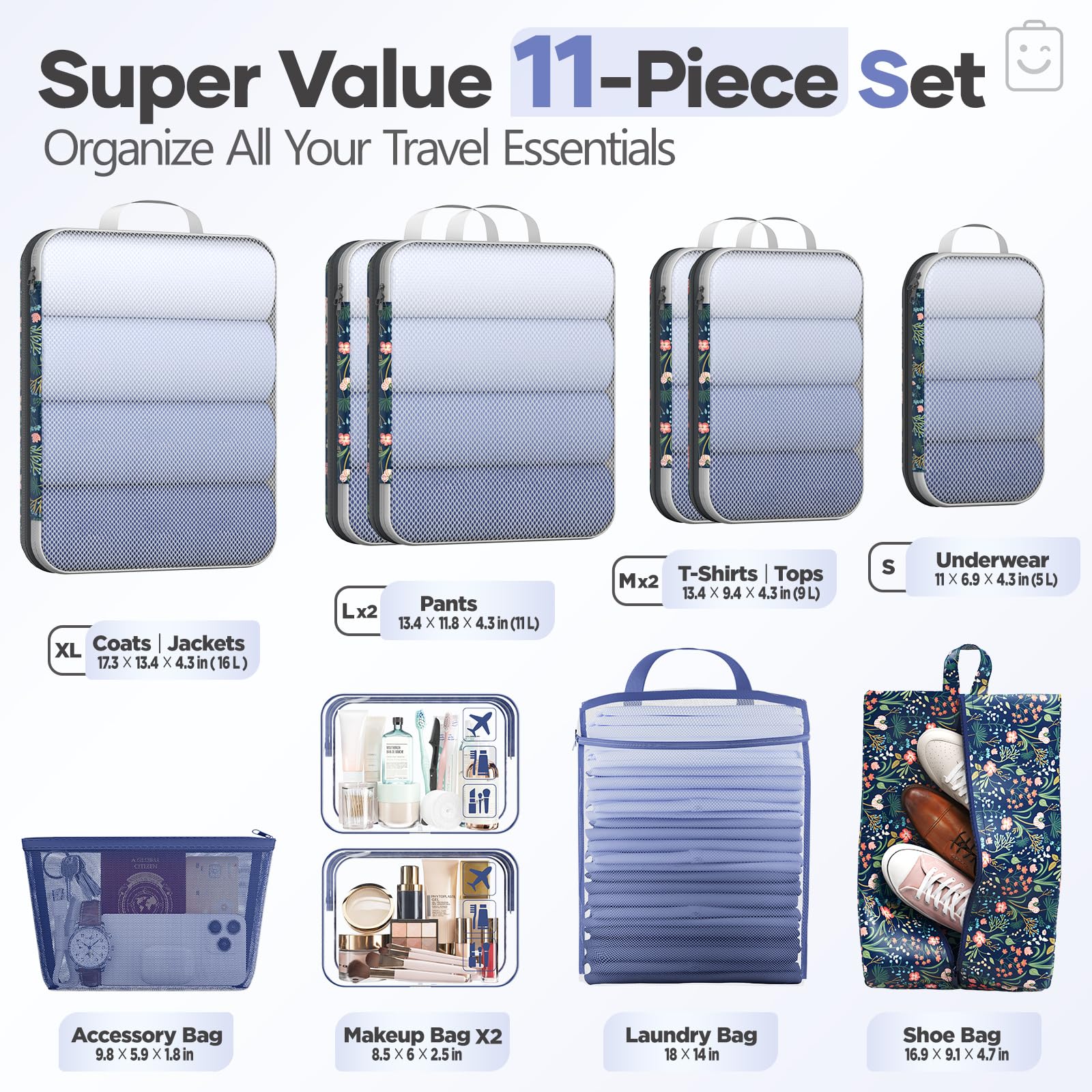 Veken 11 Set Compression Seting Cubes Garment Bags for Travel Essentials,Compressible Expandable Luggage Organizer Bags for Clothing,Space Saver Bags with Over 99 pcs of Mesh Holes(Dark Blue Floral)