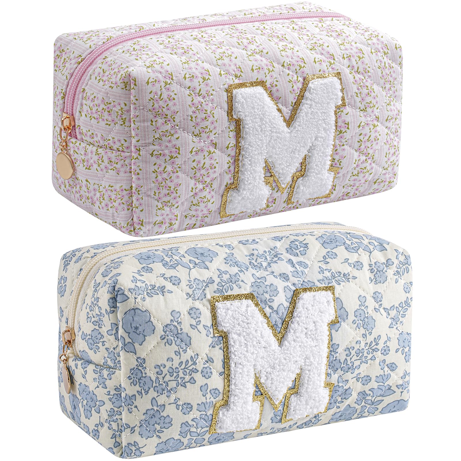 JOVAKIT Makeup Bag Cosmetic Bags for Women, Christmas Gifts for Girls Age 6-18, Alphabet Pink Floral Coquette Zipper Travel Makeup Pouch, Organizer Case Trendy Stuff (Pink+ Blue M)