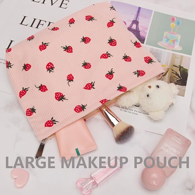 Flat Makeup Bag for Women,Zipper Cosmetic Pouch for Purse,Strawberry Pink