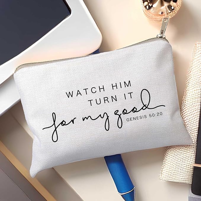 HubbgDesign Watch Him Turn It For My Good Makeup Bag Christian Quote Faith Bible Scripture Sayings Makeup Case Linen Cotton Travel Bag Makeup Pouch Sister Gift