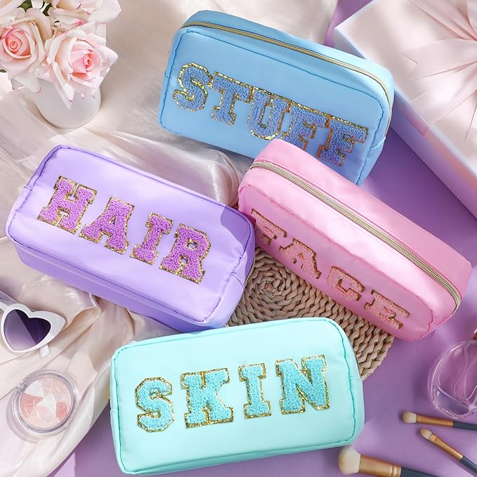 Remerry 4 Pcs Nylon Makeup Bags Waterproof Spacious Travel Cosmetic Bag for Women Chenille Letter Preppy Zipper Pouch Face Stuff Skin Hair Organizer Gift(Light Blue, Green, Purple, Pink)