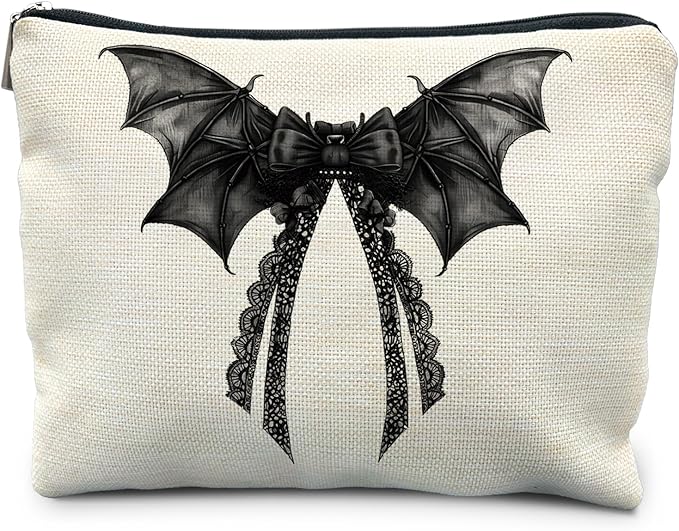 RYYCDOI Halloween Coquette Lace Bow Bat Cosmetic Bag - Gothic Black, Girly Makeup Pouch