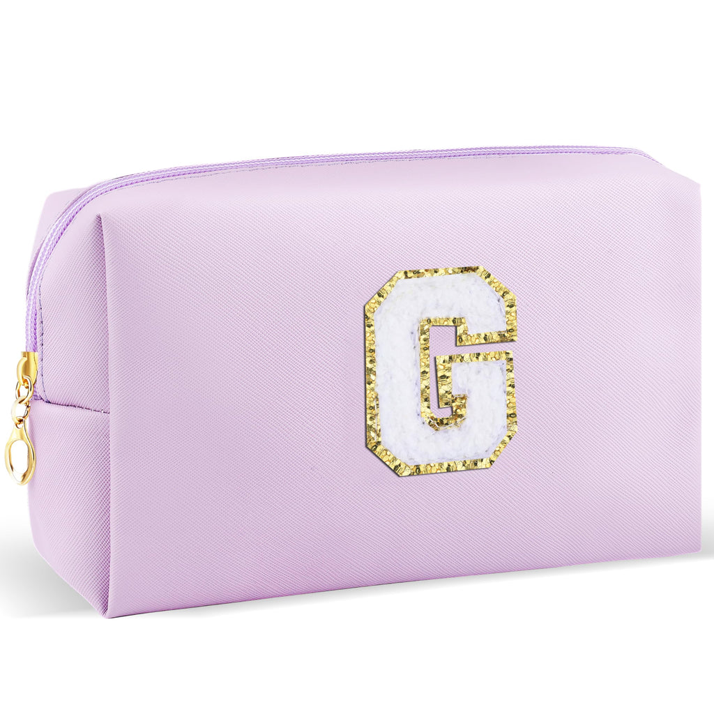 URSKYTOUS Gifts for Girls Initial Makeup Bag Personalized Cosmetic Bag with Zipper Cute Travel Toiletry Bag Waterproof PU Preppy Makeup Pouch Birthday Gift for Teen Girls Women(Purple G)