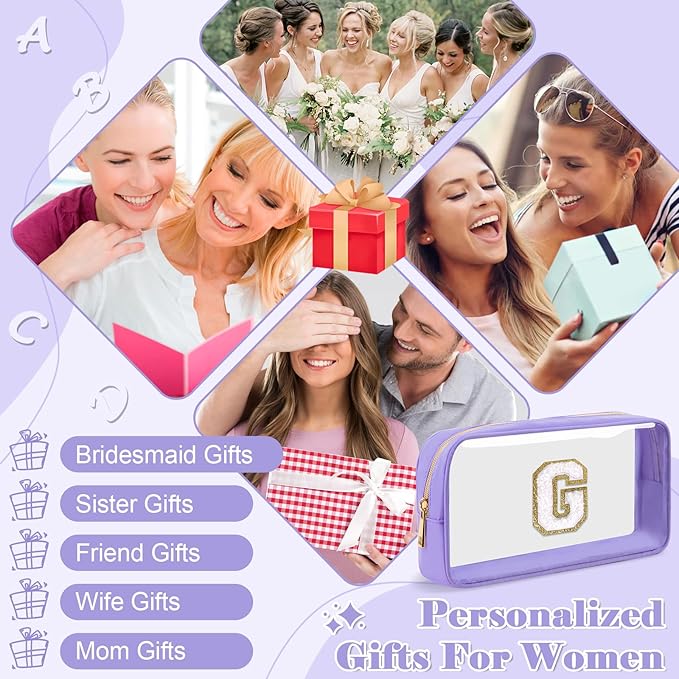 UIXIZQ Personalized Initial Letter Clear Makeup Bag,Preppy Small Nylon&PVC Cosmetic Zipper Bag with Chenille Letter,Travel Skincare Toiletry Bag,Monogram Christmas Gift for Teen Girls Women,G