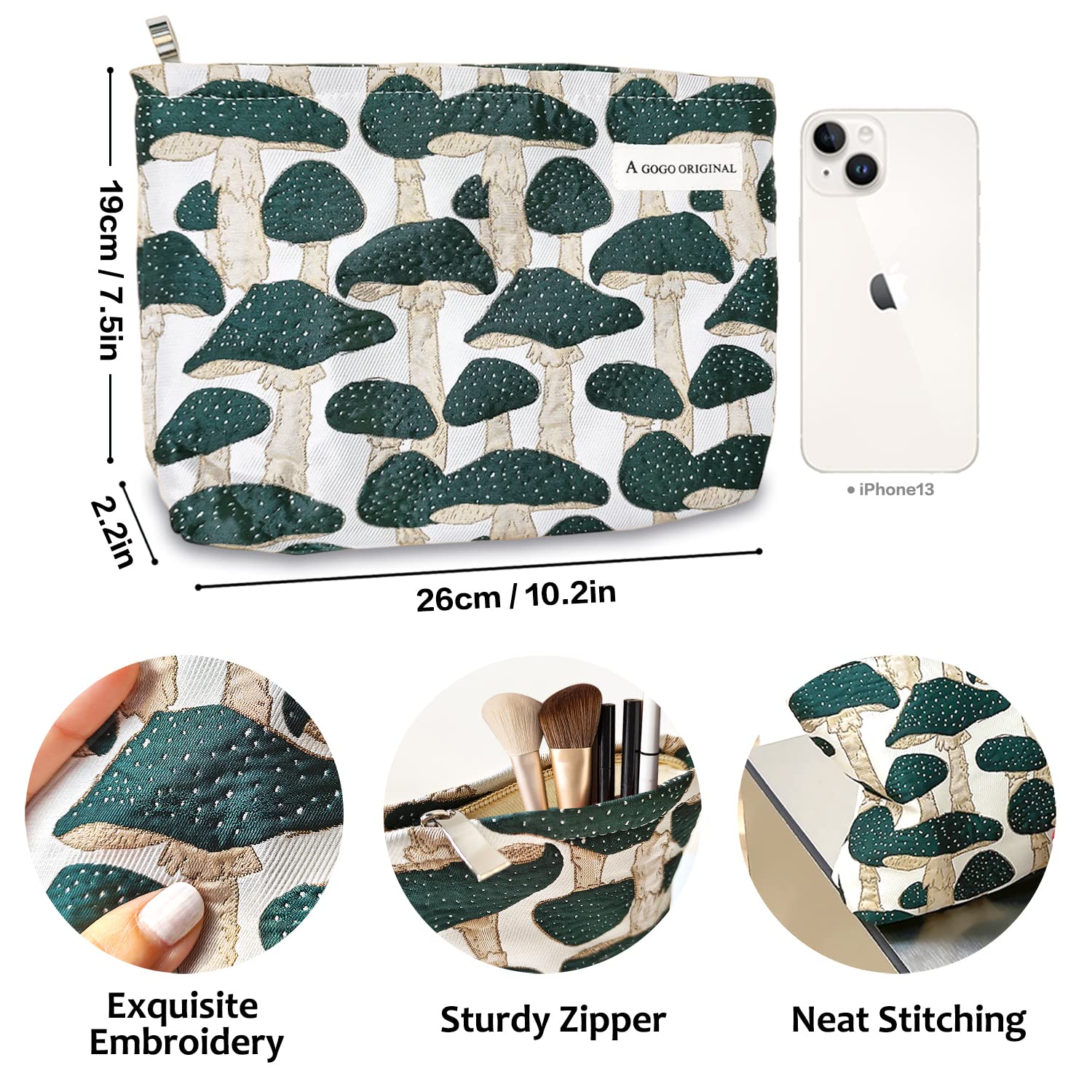 STARDW Cute Makeup Bag Aesthetic Cosmetic Bags for Women Girls, Travel Toiletry Bag Large Capacity Zipper Makeup Pouch, Purse Organizer Pouches,Canvas Lining (Green Mushroom)
