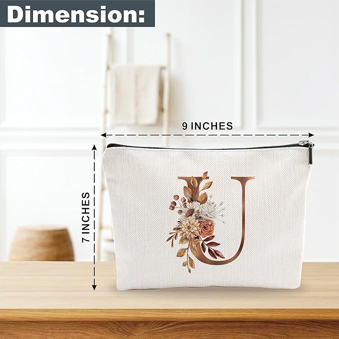 YKYENR A-Z Boho Personalized Cosmetic Bag-Floral Cotton Letter Makeup Bag With Zipper-Artistic Cosmetic Bag For Travel-Bride,Birthday Gift For Women Daughter Friends-Women Makeup Organizer-A21
