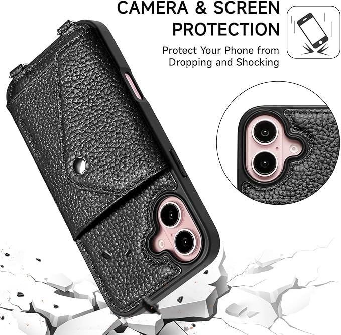 LUCKYCOIN Crossbody Phone Case for iPhone 16 Plus,100% Genuine Leather Phone Wallet Case for Women, Premium Hands-Free Phone Purse with Expandable Flip Card Holder & Adjustable Strap - Pebble Black
