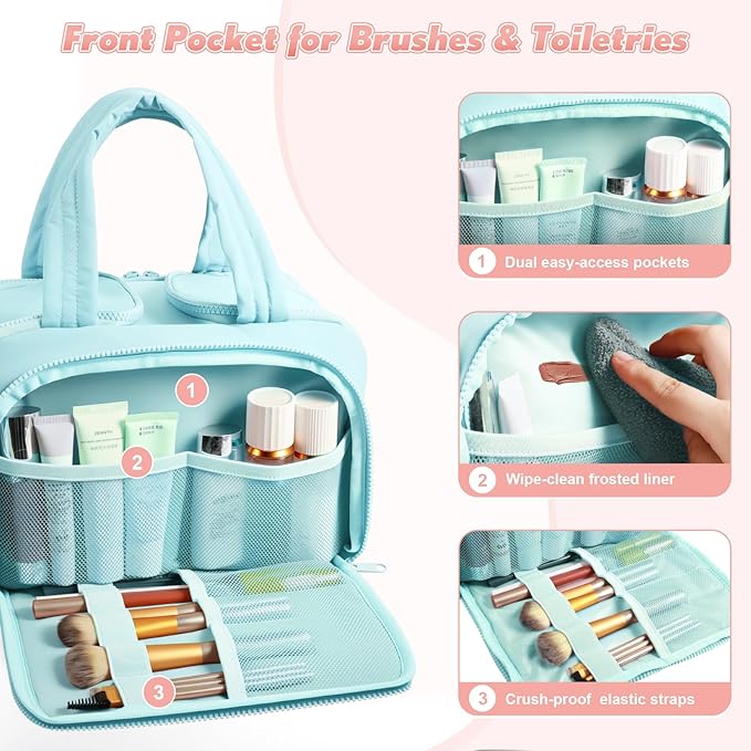 todbown Travel Toiletry Bag:  Large Capacity, 4 Compartments, Wet/Dry Separation, Ultra-Soft Lightweight Fabric & Anti-Spill Design for Travel,Gym,Gift(11.8" L) (Sea Salt Blue)