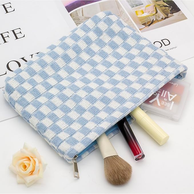 PAZIMIIK Checkered Makeup Bag for Purse, Small Flat Cosmetic Pouch,Blue