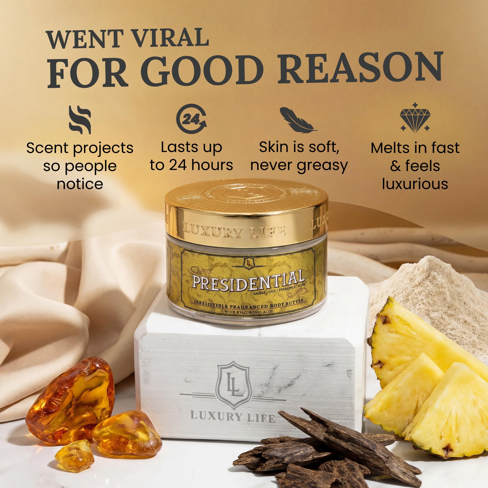 LUXURY LIFE BUTTER - 40% Extrait de Parfum Fragranced Body Butter with Hyaluronic Acid for Ultimate Moisture - Luxurious Room-Filling Natural Fragrances - Non-Greasy, USA Made, Presidential, 5 oz.