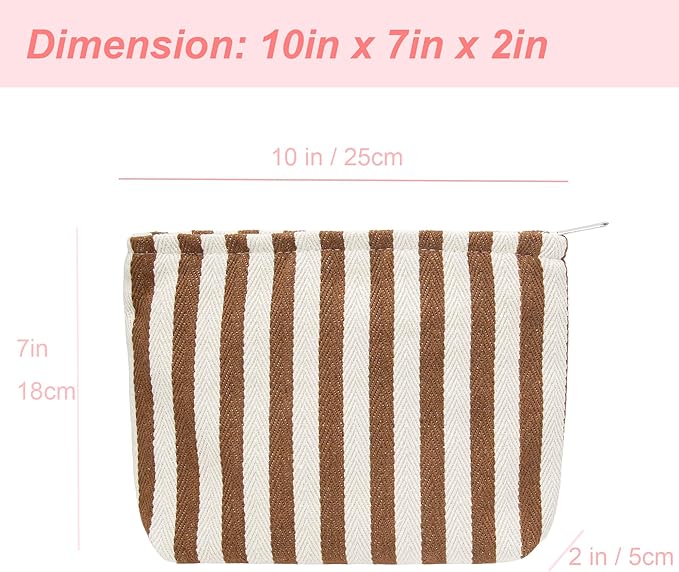 Flat Makeup Bag for Women,Zipper Cosmetic Pouch for Purse,Stripe Coffee