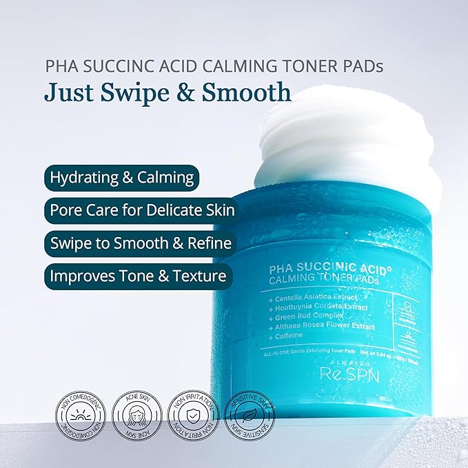 Re.SPN PHA Succinic Acid Calming Toner Pads – Daily Exfoliating Pads for Face, Hydrating and Soothing with Cica, Caffeine, Pore Minimizer, Non-comedogenic, Vegan, Glass Skin, K-Beauty (70 Count)