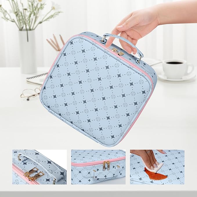 M Y U R E N Travel Makeup Bag,Waterproof Cosmetic Organizer, Adjustable Dividers,Portability Cosmetic Train Case,Makeup organizer,Gift for Women,Girls Gift (Blue+Pink)