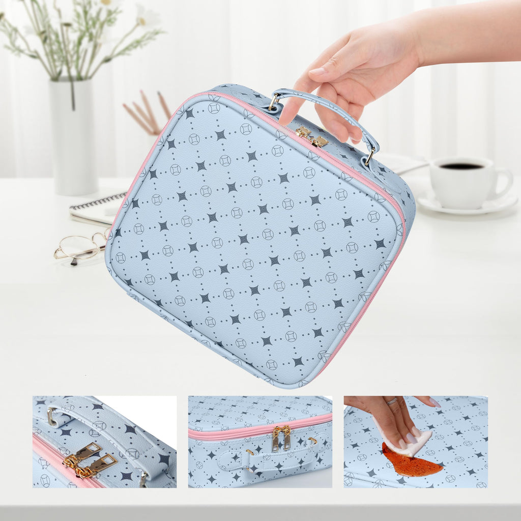 M Y U R E N Travel Makeup Bag,Waterproof Cosmetic Organizer, Adjustable Dividers,Portability Cosmetic Train Case,Makeup organizer,Gift for Women,Girls Gift (Blue+Pink)