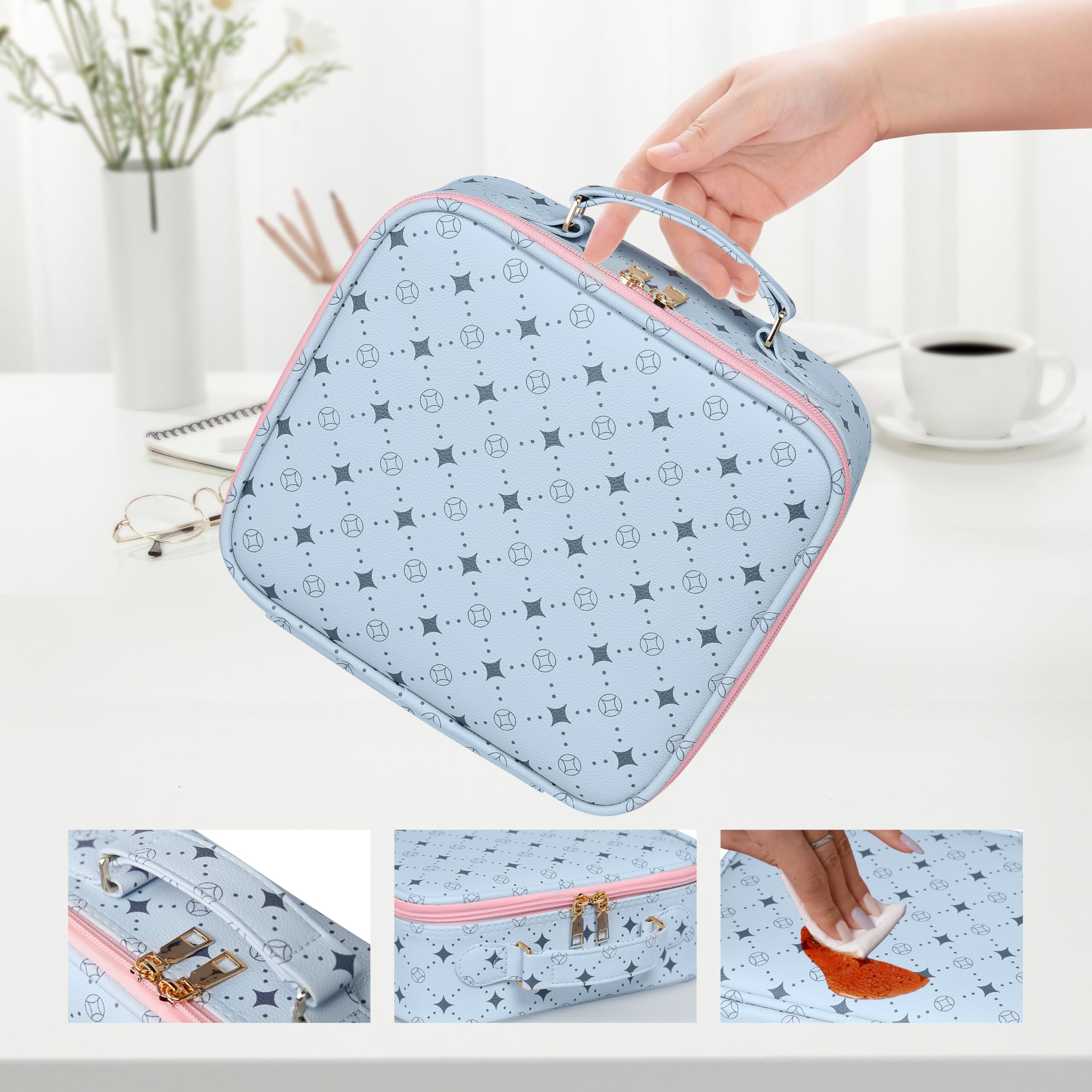 M Y U R E N Travel Makeup Bag,Waterproof Cosmetic Organizer, Adjustable Dividers,Portability Cosmetic Train Case,Makeup organizer,Gift for Women,Girls Gift (Blue+Pink)