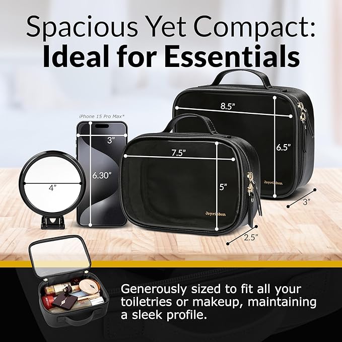 Clear Makeup Bag Set, Travel Cosmetic Bags with Transparent TPU Front, 3PCS (Large & Small Pouches + Compact Mirror), Saffiano PU Leather Toiletry Organizer for Women, Black