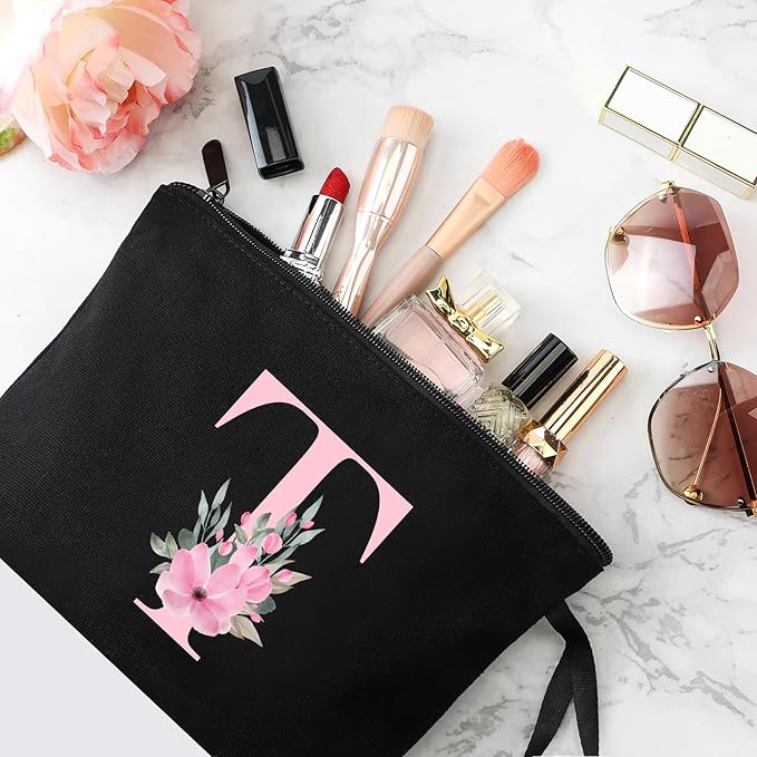 Vavabox A-Z Personalized Makeup Bag, Birthday Gifts for Women Mom, Gifts for Best Friend, Bride Bridesmaid Cosmetic bag (T, 02-Black)