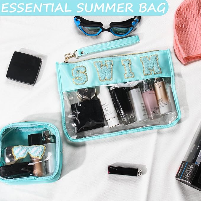 BuyCard 2 Pcs Swim Bag Cosmetic Makeup Bag with Chenille Letter Patch, Clear Pouch PVC Organizer Purse, Waterproof Travel Beach Bag, Portable Toiletry Storage Bag