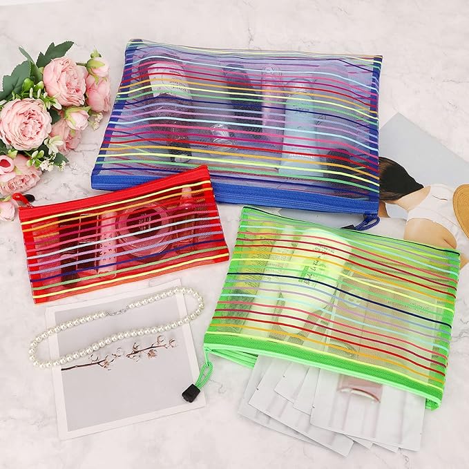 Sinzip 12 Pieces Zipper Nylon Mesh Pouch, Mesh Cosmetic Bags Makeup Bags Pencil Case, Multipurpose Travel Bags for Cosmetic School Office Supplies and Travel Accessories (Multicolor A, Assorted Sizes)