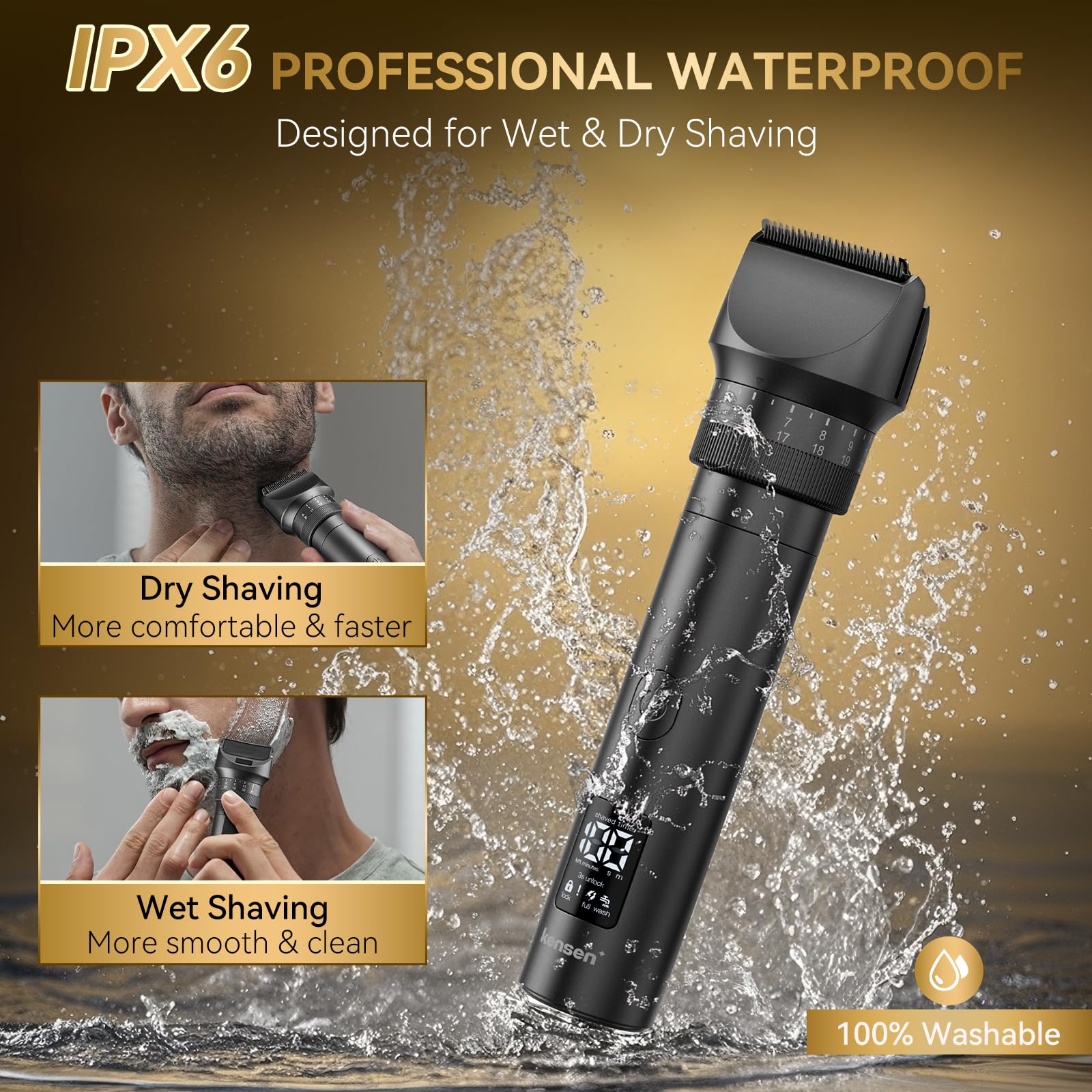 kensen Beard Trimmer for Men - 42 Adjustable Length Settings Hair Clippers, Professional Mustache Trimmer for Men Precision Facial Hair Trimming Nose Trimmers IPX6 Grade LED Display Body Hair Trimmers