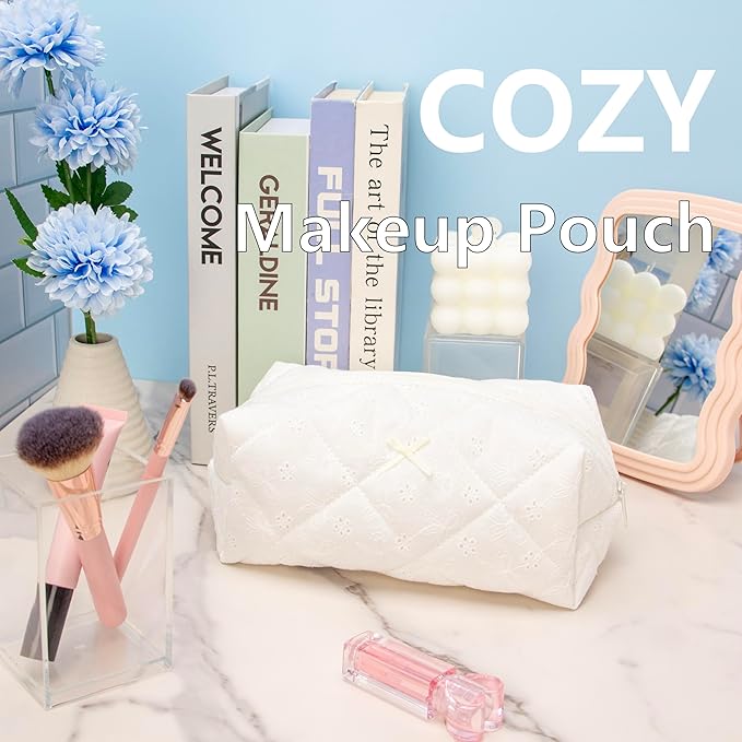 Cozy Makeup Bag for Women,Zipper Cosmetic Pouch,Embroidery White,6 Pack