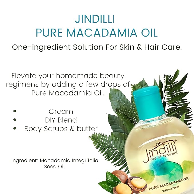 Jindilli - Pure Macadamia Oil | Cold-Pressed, Filtered, All-Natural, Vegan, Non-GMO, Hexane-Free, Cruelty-Free - Multipurpose Moisturizer (7.5 oz)